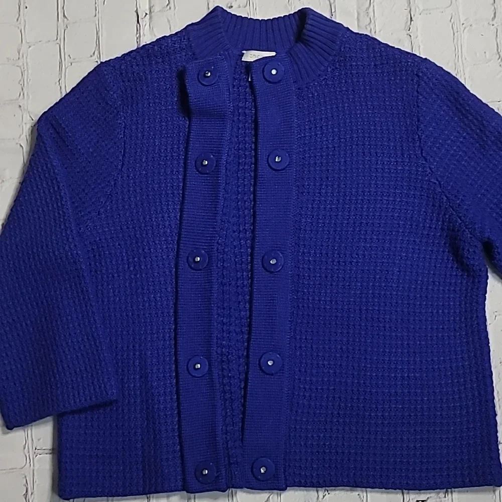 Chico's Woolen 3/4 Sleeve Royal Blue Wool Blend  Granny Cardigan Sweater